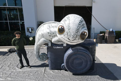 Inflatable chameleon on Panasonic Lumix camera