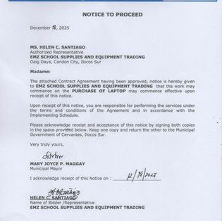 NOTICE TO PROCEED - PURCHASE OF LAPTOP