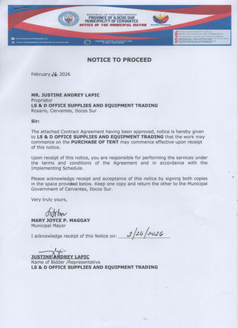 NOTICE TO PROCEED - PURCHASE OF TENT