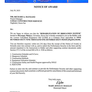 Notice of Award: Rehabilitation of Irrigation System (Brgy. Malaya)