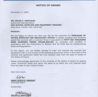 NOTICE OF AWARD - PURCHASE OF OFFICE SUPPLIES FOR RADIOLOGY OFFICE