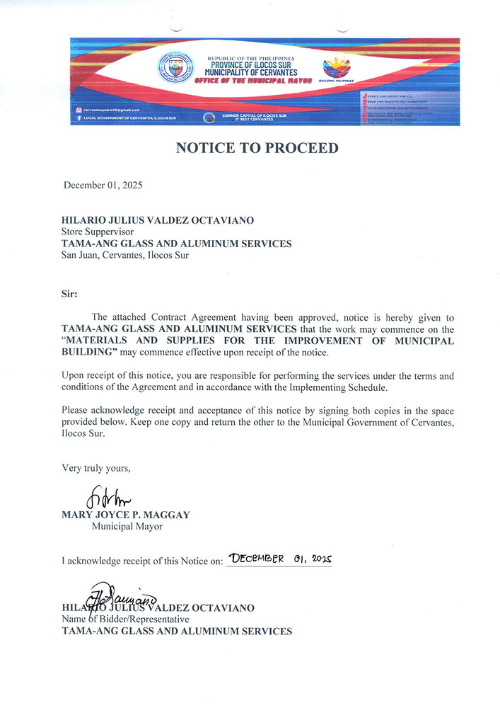 Building Management Notice Example NOTICE TO PROCEED - SUPPLIES AND MATERIALS FOR THE IMPROVEMENT OF ...