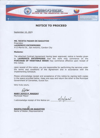 NOTICE TO PROCEED - PURCHASE OF VEGETABLE SEEDS
