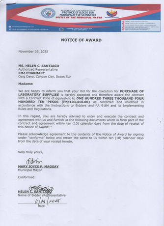 NOTICE OF AWARD - PURCHASE OF LABORATORY SUPPLIES