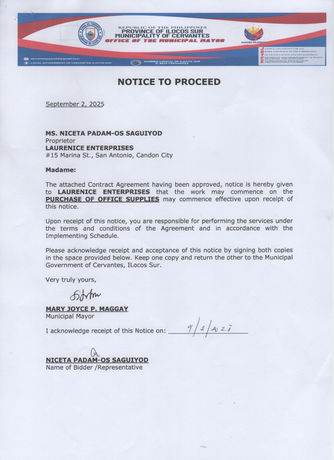 NOTICE TO PROCEED - PURCHASE OF OFFICE SUPPLIES - 2nd Qtr.