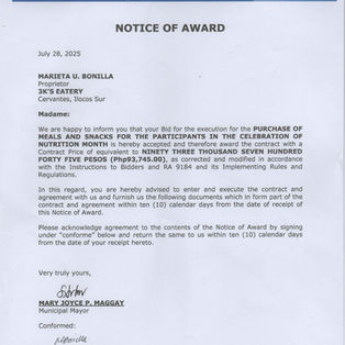 NOTICE OF AWARD - PURCHASE OF MEALS AND SNACKS FOR THE PARTICIPANTS IN THE CELEBRATION OF NUTRITION MONTH