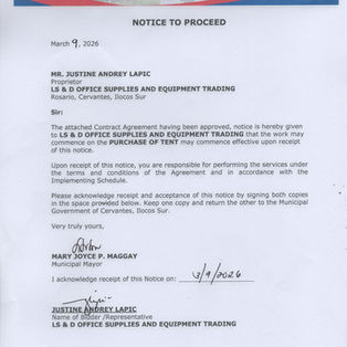 NOTICE TO PROCEED - PURCHASE OF TENT