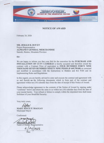 NOTICE OF AWARD - PURCHASE AND INSTALLATION OF CCTV CAMERAS