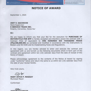 NOTICE OF AWARD - PURCHASE OF MOTORCYCLE