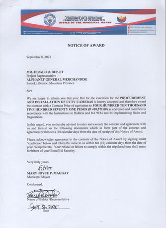 NOTICE OF AWARD - PROCUREMENT AND INSTALLATION OF CCTV CAMERAS