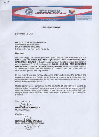 NOTICE OF AWARD - PURCHASE OF SUPPLIES AND EQUIPMENT FOR CHECKPOINT AND OPERATION CENTER 