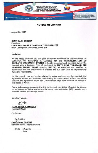 NOTICE OF AWARD - PURCHASE OF CONSTRUCTION MATERIALS FOR REHABILITATION OF GAMBANG IRRIGATION SYSTEM