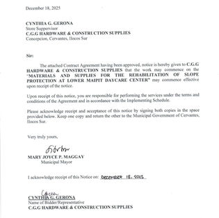 NOTICE TO PROCEED - PURCHASE OF MATERIALS AND SUPPLIES FOR THE REHABILITATION OF SLOPE PROTEECTION  AT LOWER MAIPIT DAY CARE CENTER