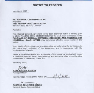 NOTICE TO PROCEED - PURCHASE OF MEDICAL SUPPLIES, MEDICINES AND VACCINES FOR MUNICIPAL HEALTH OFFICE