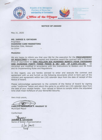 NOTICE OF AWARD - PROCUREMENT OF MEDICINES
