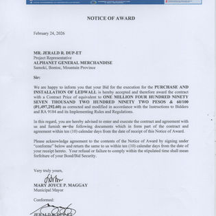 NOTICE OF AWARD - PURCHASE AND INSTALLATION OF LEDWALL