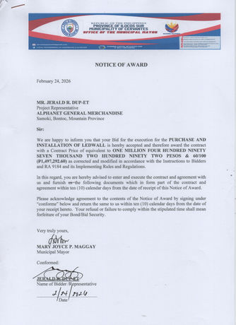 NOTICE OF AWARD - PURCHASE AND INSTALLATION OF LEDWALL