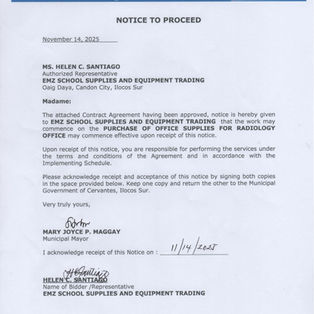 NOTICE TO PROCEED - PURCHASE OF OFFICE SUPPLIES FOR RADIOLOGY OFFICE