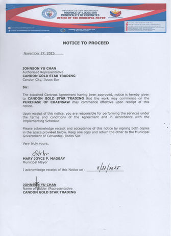 NOTICE TO PROCEED - PURCHASE OF CHAINSAW