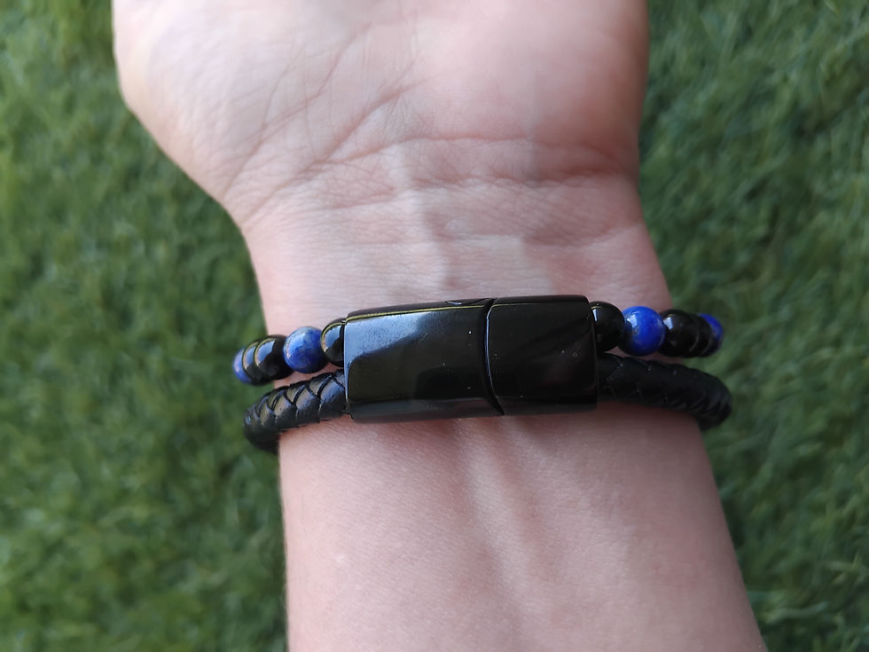 Miniature : Bracelet cuir noir Lapis Lazuli + Onyx 6mm