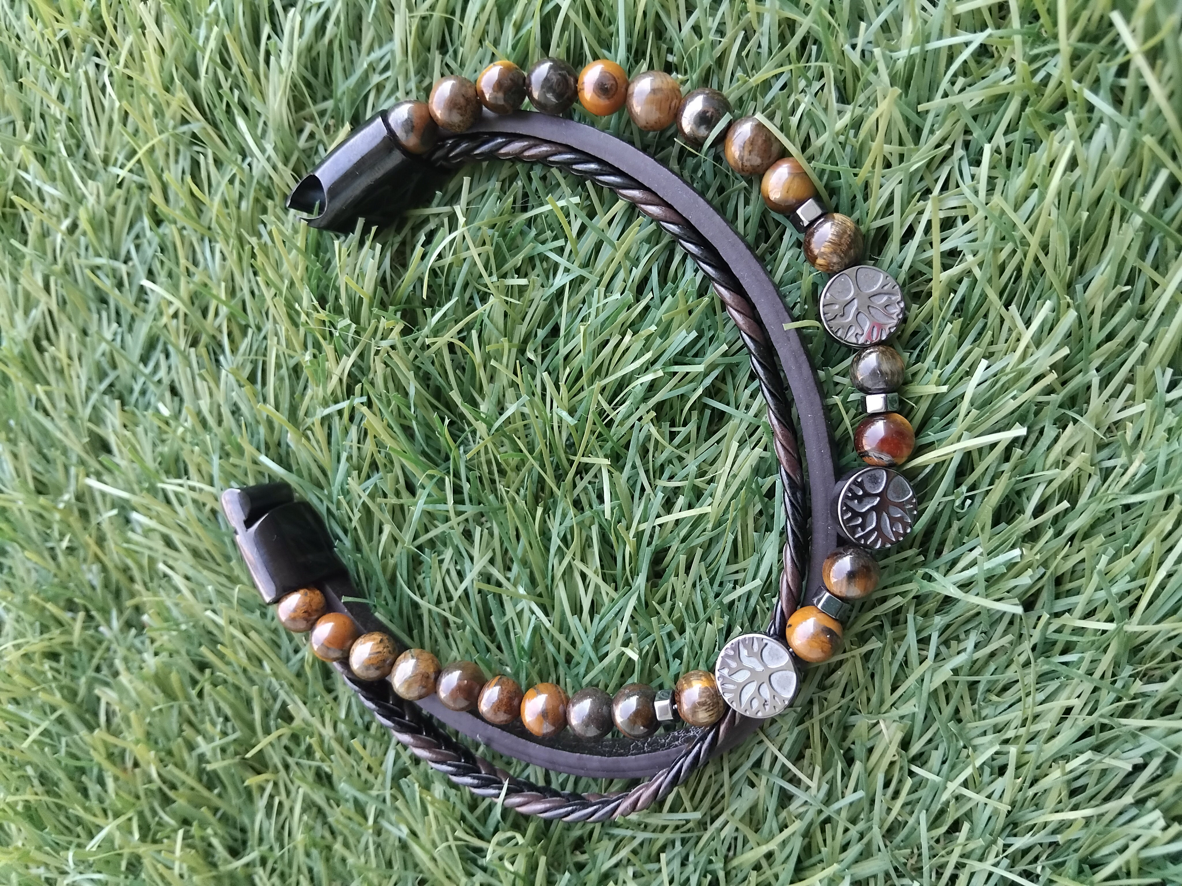 Bracelet cuir noir Oeil du tigre 6 mm