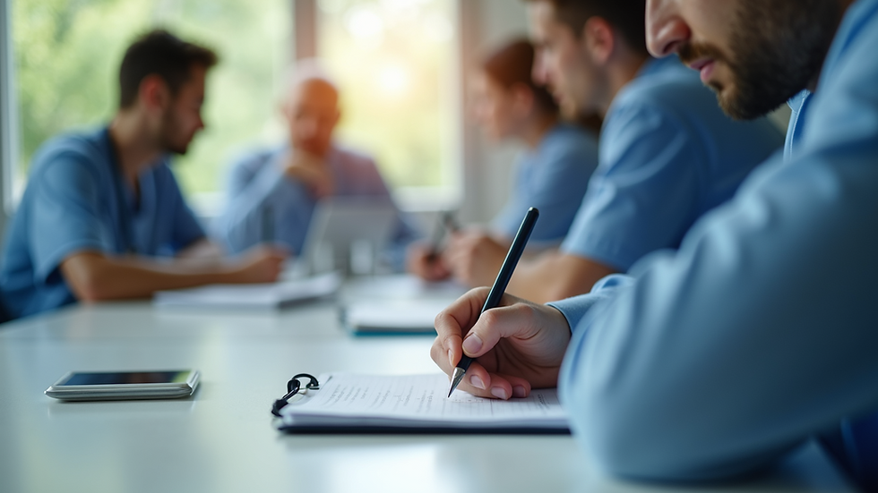 Close-up view of a student taking notes during a clinical skills workshop