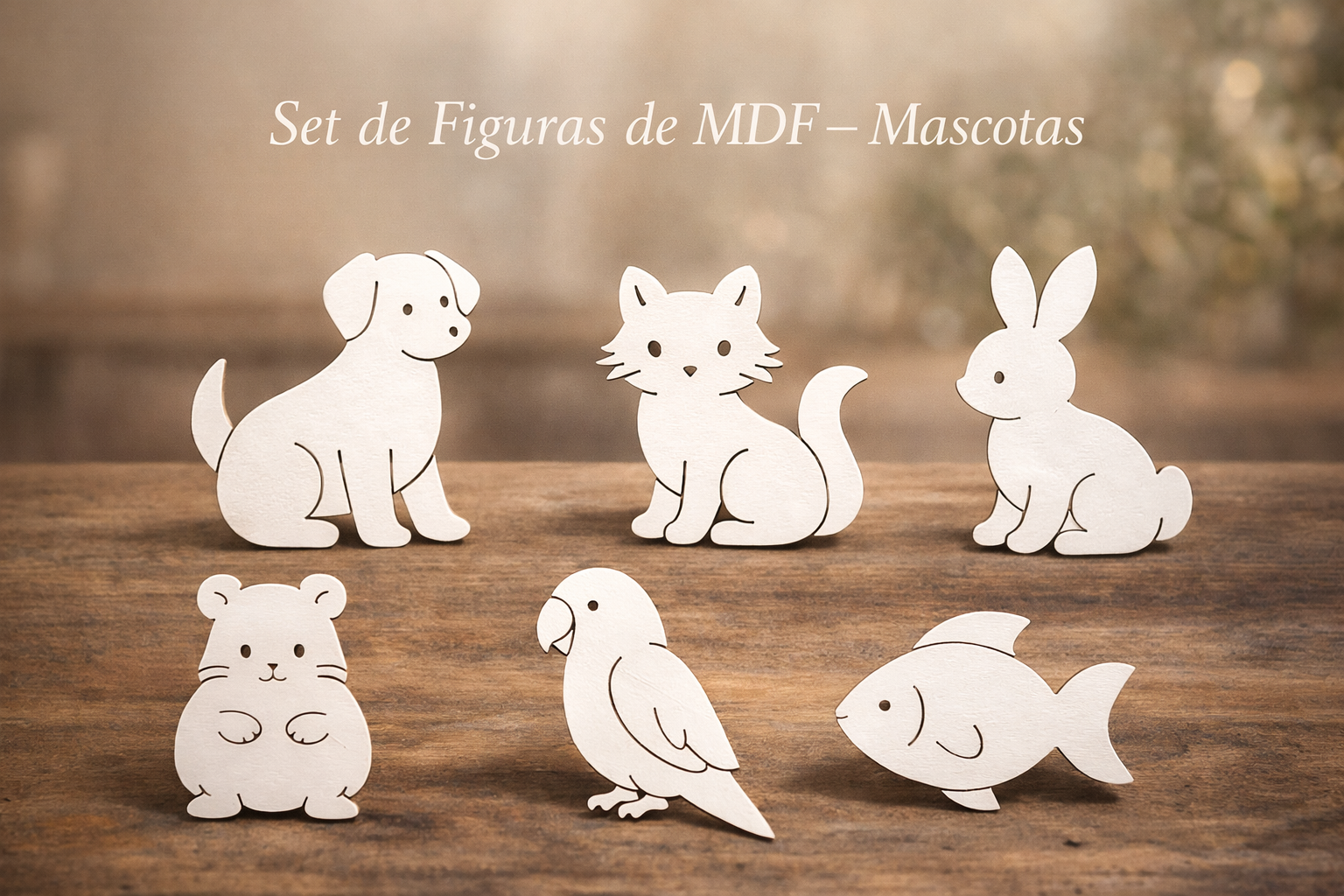 Set de figuras de MDF blanco Mascotas para pintar y manualidades infantiles