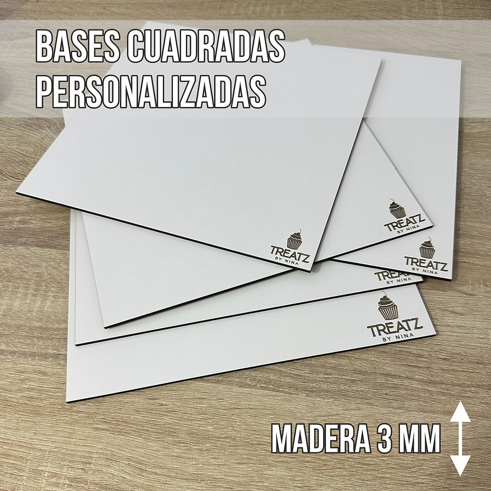 Bases cuadradas personalizadas de madera MDF 3 mm con logotipo grabado – Pack 10 – para tartas y pasteles
