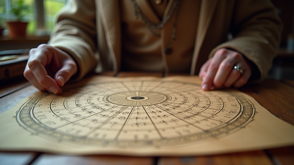 Eye-level view of an astrologer comparing two kundali charts on a wooden table