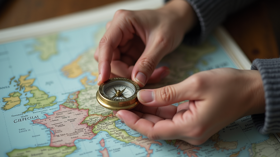 Close-up view of a hand holding a compass over a map, symbolizing guidance