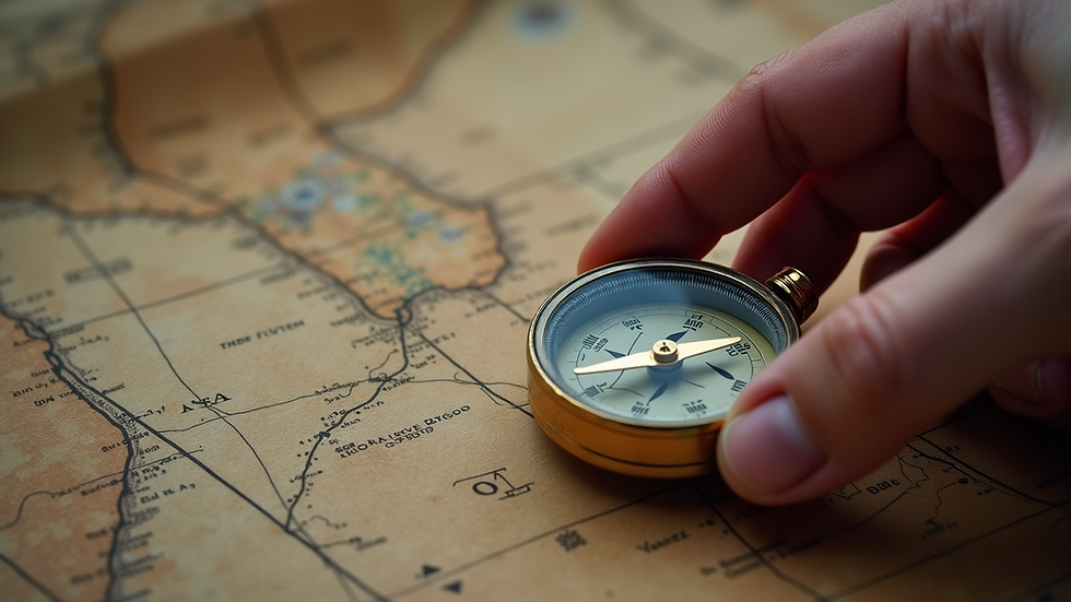 Close-up view of a hand holding a compass over a star map