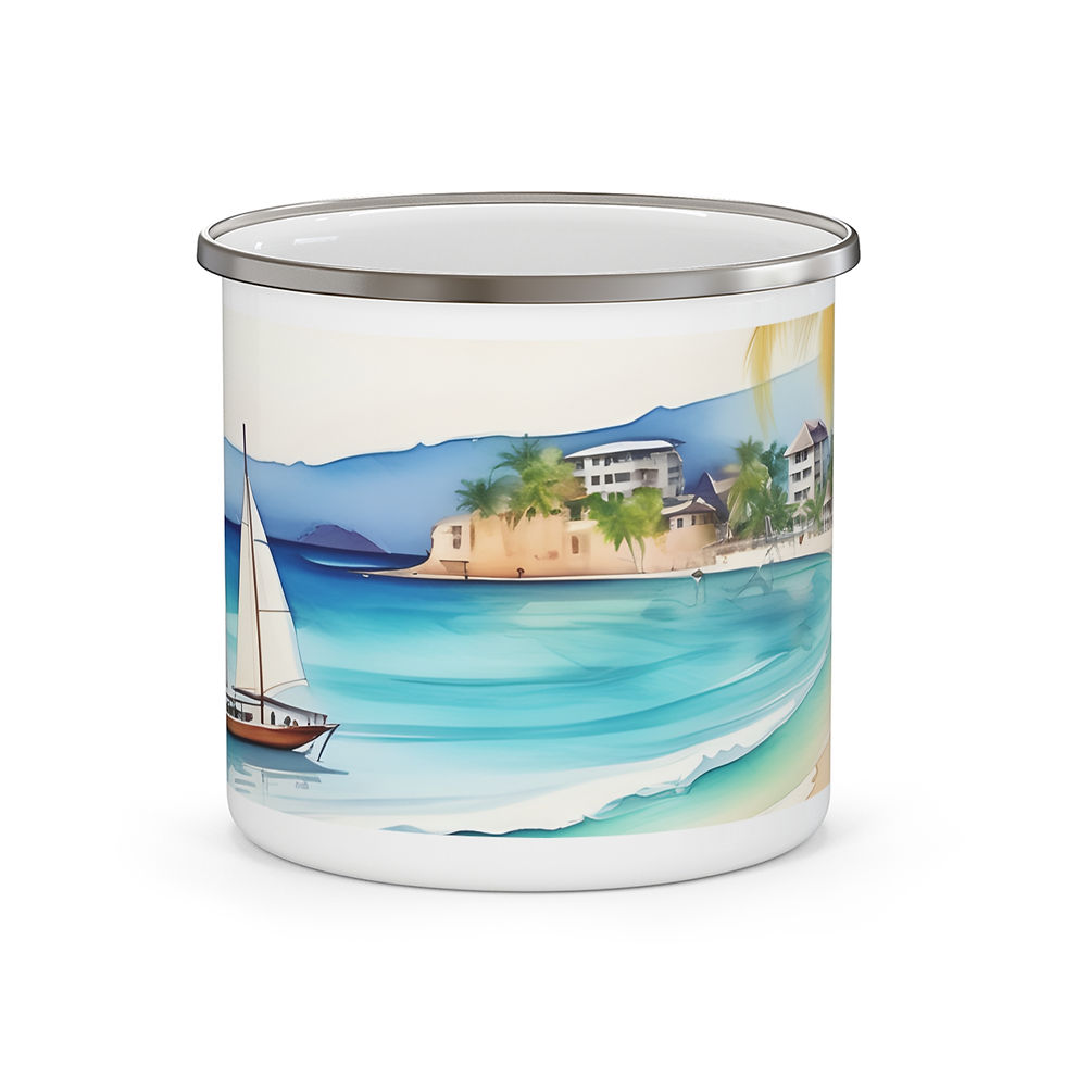 Tropical Paradise Enamel Mug, Beach Camping Cup, Seascape Coffee Tumbler, 12 oz
