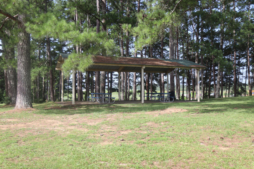 Park pavilion with picnic tables