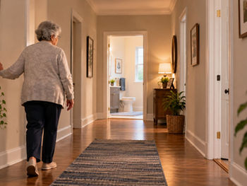 Older woman walking through a home hallway toward a bathroom, with a runner rug along the route.