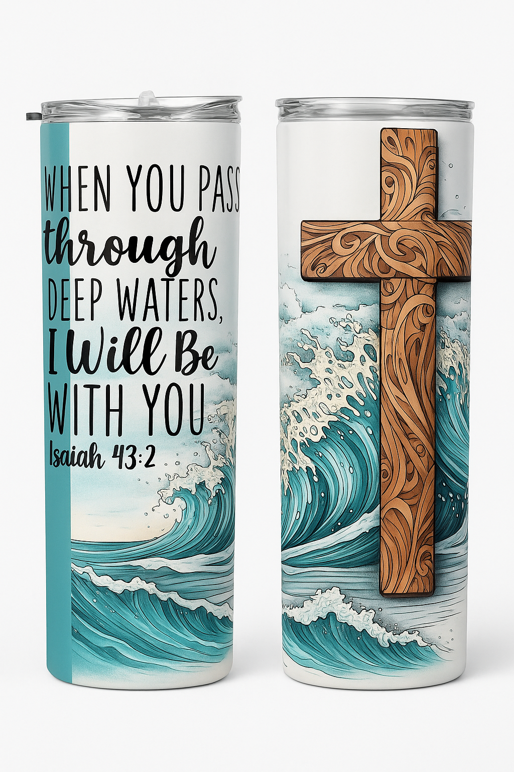 Isaiah 43:2 Deep Waters Illustrated Cross Waves 20oz Skinny Tumbler