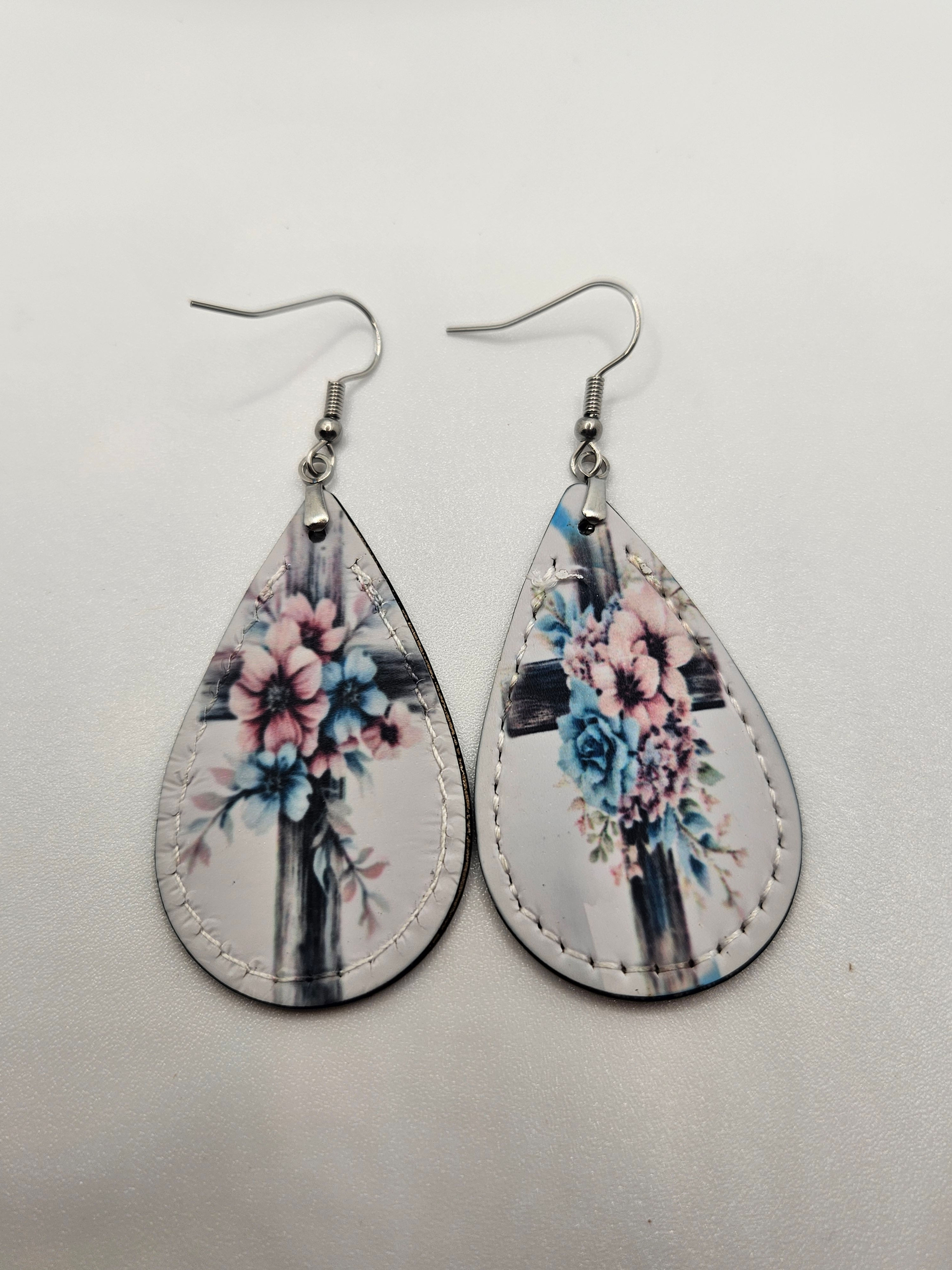 Wooden Grayscale Cross Pink and Blue Floral Faux Leather Teardrop Earrings