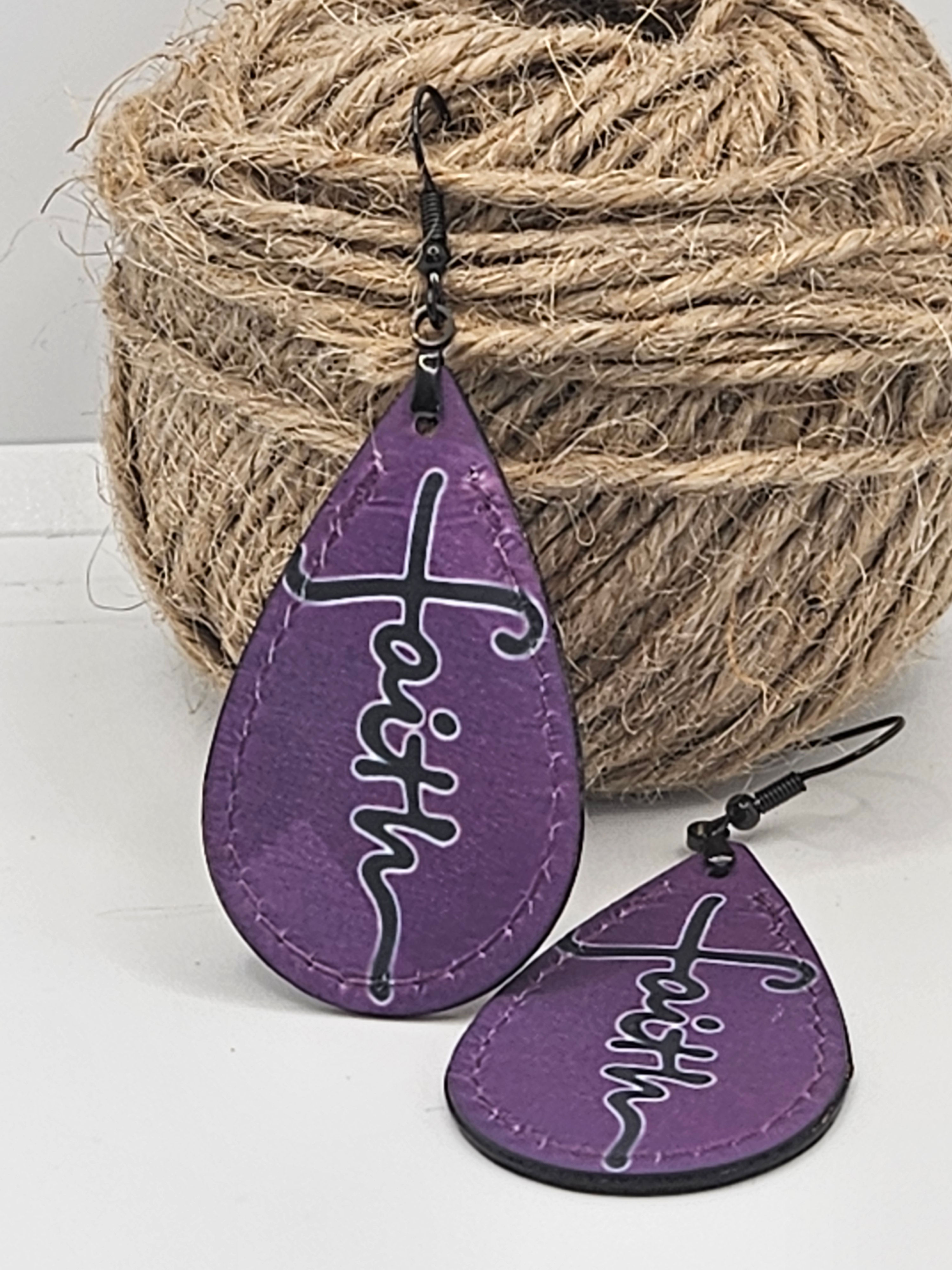 Purple Faith Faux Leather Teardrop Earrings