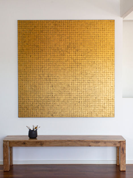 abstakte Kunst, goldenes Bild, 1,5m x 1,5m Leinwand, goldene Kacheln, abstrakte Kunst, Kunst für Seminarräume, Kunst für Praxen, Kunst für Büroräume