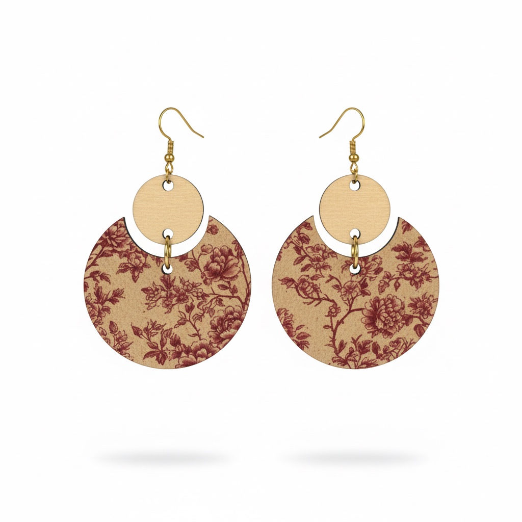 Vintage Floral Engraved Wooden Dangle Earrings