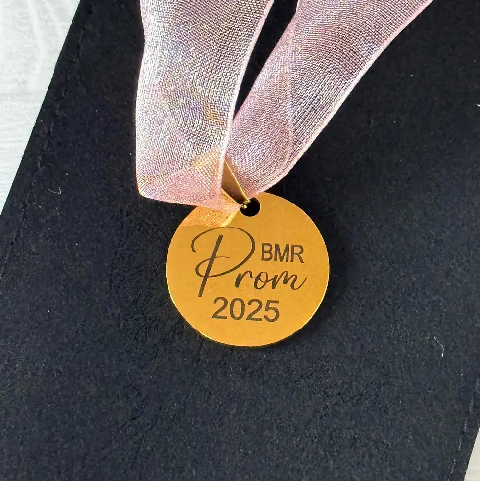 Thumbnail: Circular Engraved Metal Prom Charm for Corsage, Wristlet and Bouquet