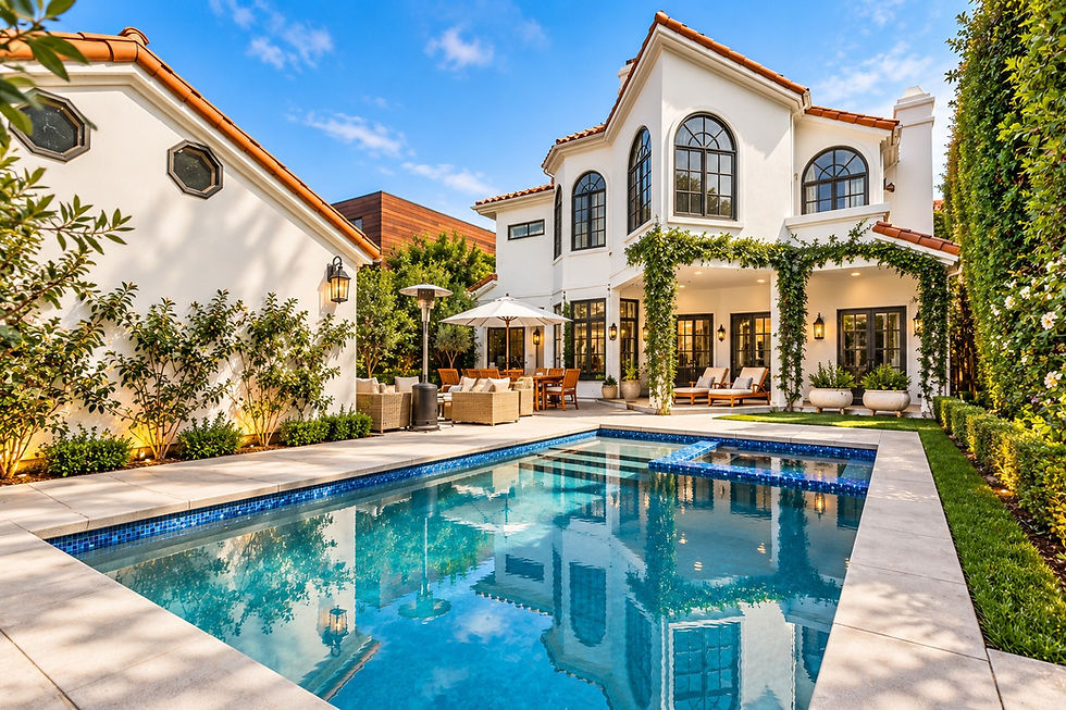 Pool, spa, and hardscape remodel in Santa Monica, with a tiled pool, stone decking, and covered patio, by Built To Perfection, Inc.