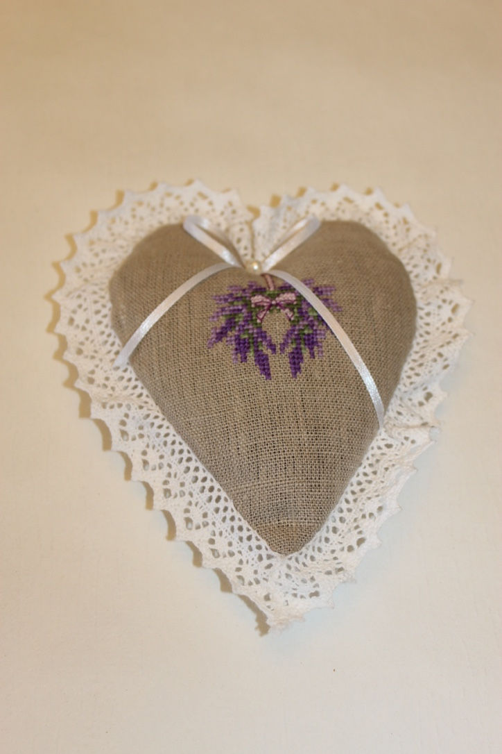 Thumbnail: Lavender Linen Hearts with Cross Stitch pouch