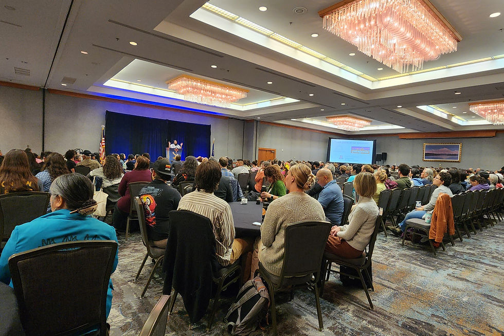 A room full of people sitting around tables and in rows of chairs, listening to a person on a podium with a blue canvas behind her, two flags on the sides. In the room there are rectangular lamps, a screen where a presentation is projected.