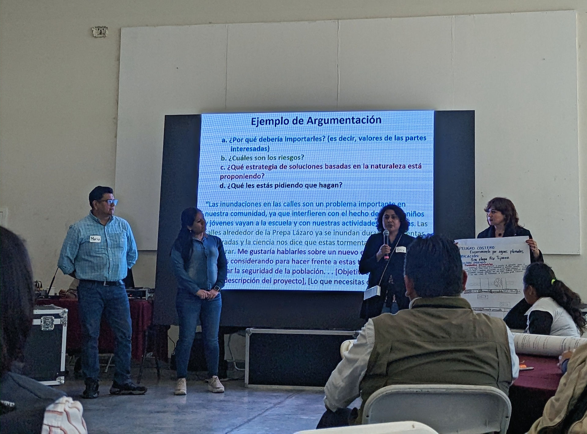 Four people present in front of a projected presentation. One speaks with a microphone and one holds up a large piece of paper with information on it.