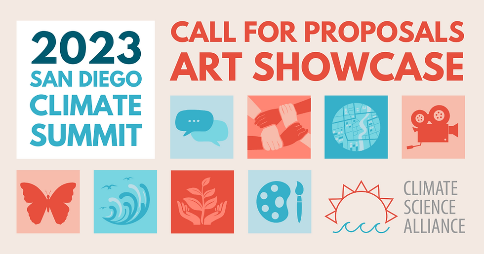 Graphic reads "2023 San Diego Climate Summit" and "Call for Proposals, Art Showcase" along red and blue graphic illustrations in a grid layout, next to the Alliance logo