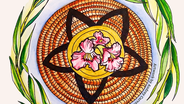 Illustration of a wreath with a flower in the center.