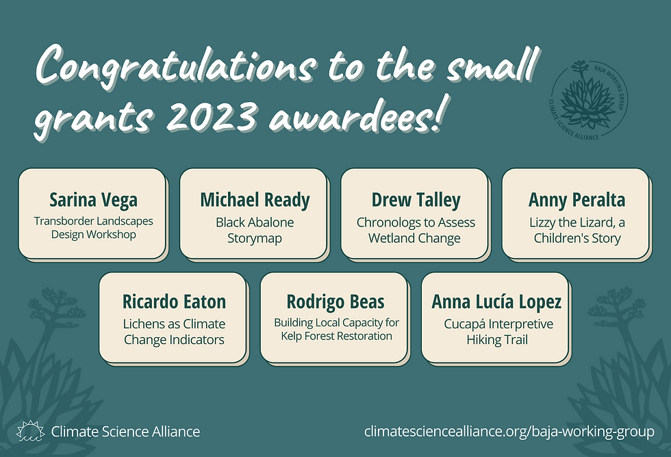 A blue graphic congratulating the small grant 2023 awardees. The names and projects of each awardee are listed below the title in tan boxes.