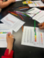 A black table top showing student hands working on the Sea Level Rise activity using colored pencils and printed handouts