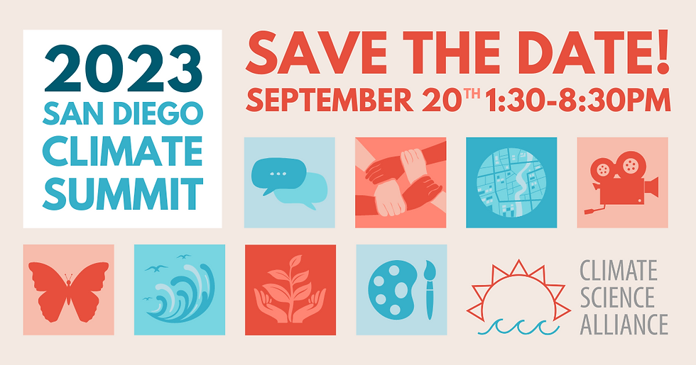 Graphic includes text "2023 San Diego Climate Summit" and "Save the Date! September 20th 1:30-8:30PM", alongside square graphic illustrations in blue and red color schemes, in addition to the Alliance logo.