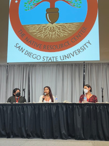 Panelists sit behind a table with black curtains and a large projected logo behind them